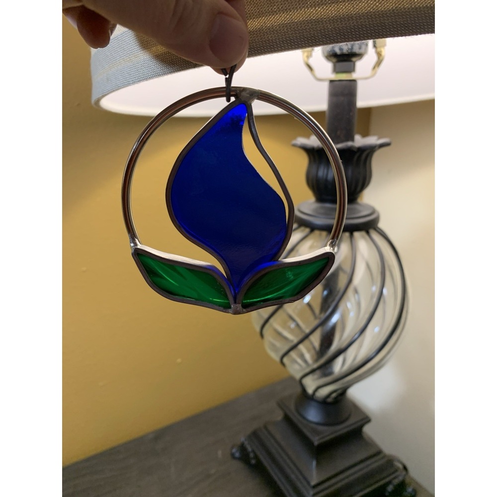 Vintage Round Hanging Stain Glass Sun Catcher Blue Flame Geometric 3"